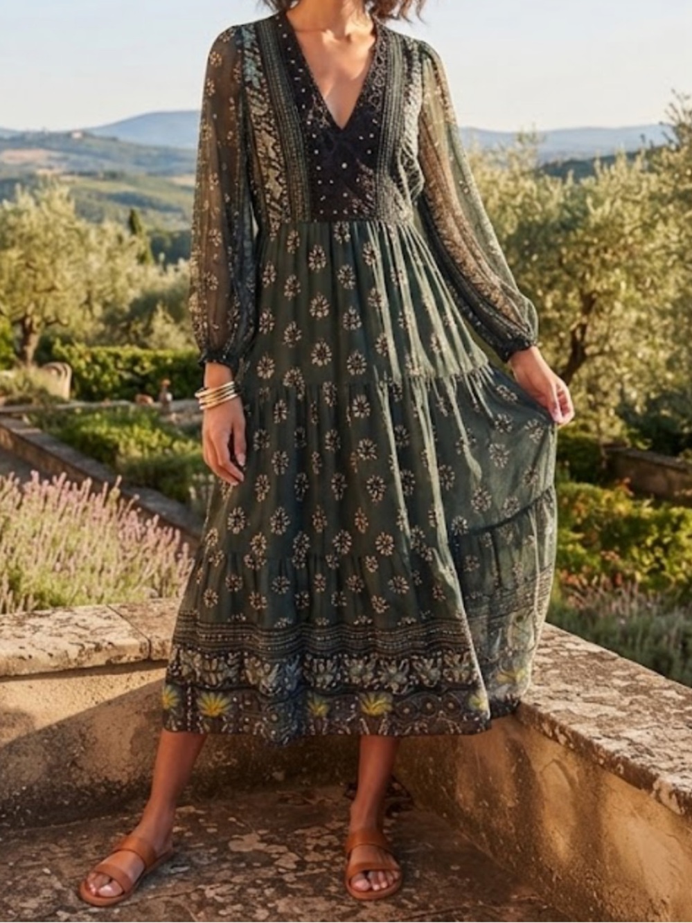 Cost Plus Boho Green Printed Tiered Maxi Dress Embellished Yoke Size L/XL Sheer